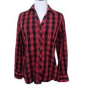 FOXCROFT Blouse Top Button Shirt 4 Shaped Fit Tucks Red Black Plaid Career Work